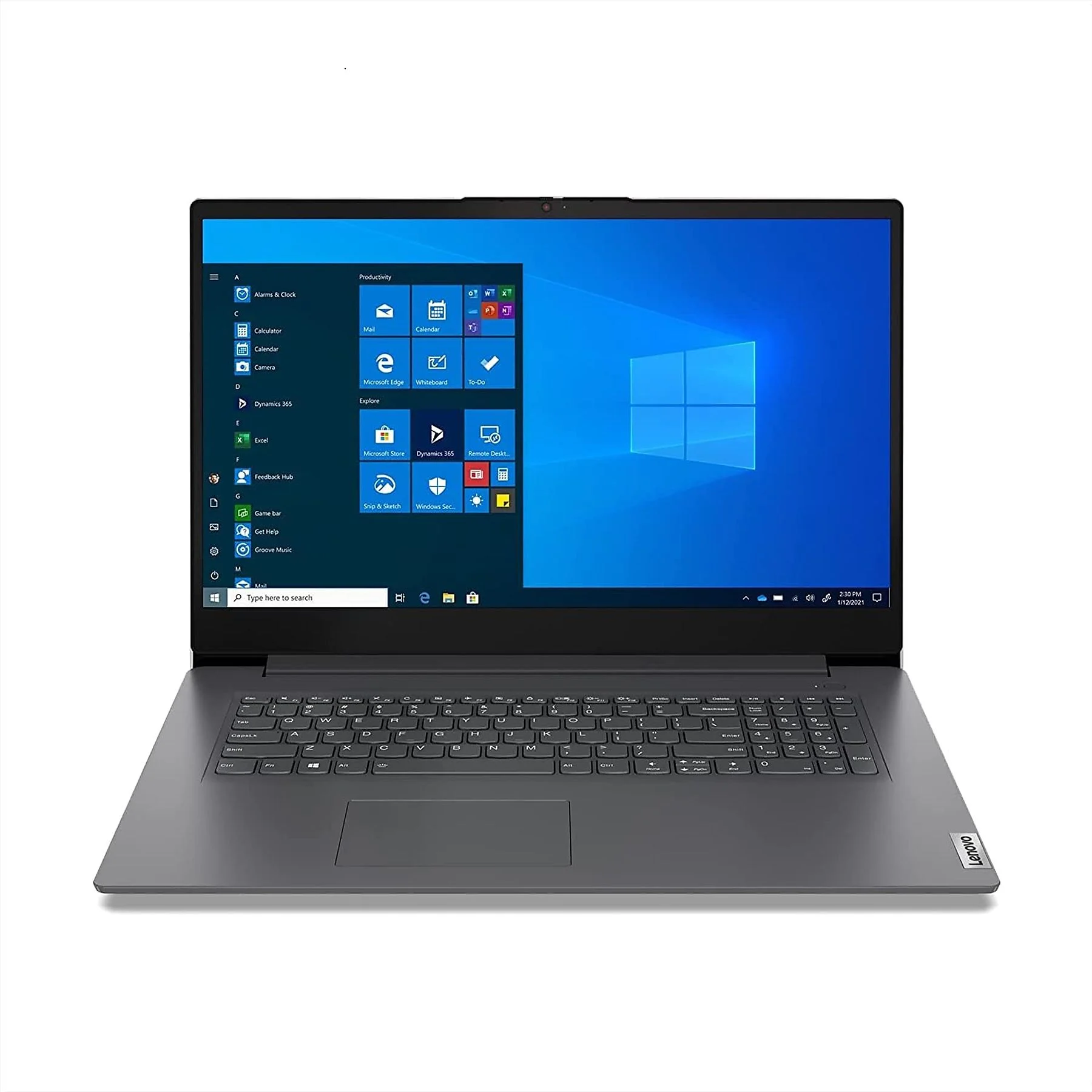 Ein grauer Lenovo Laptop mit dem Windows-Startbildschirm, auf einer weißen Oberfläche.
