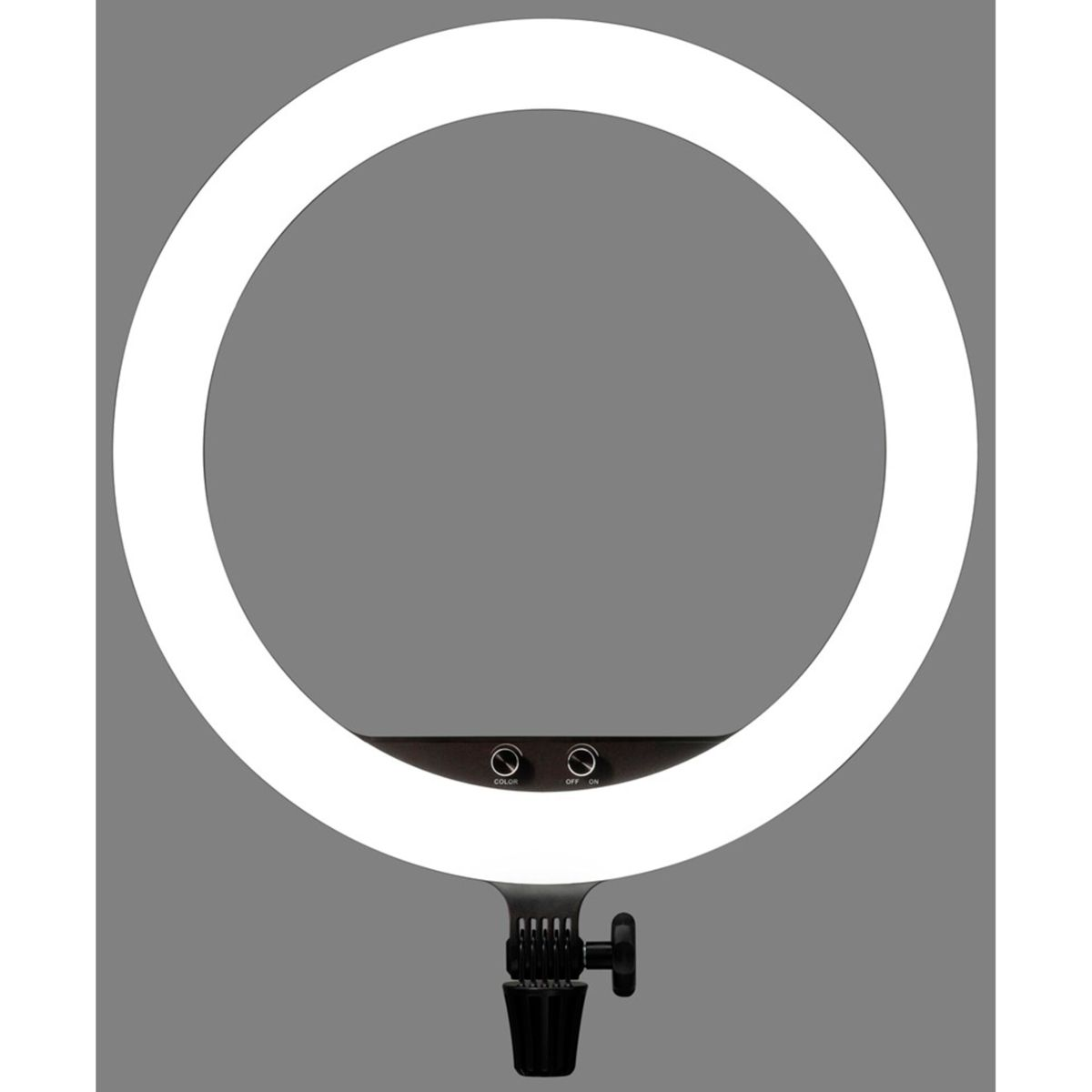 Ein Ringlicht mit einem schwarzen Ständer und einem weißen Licht. Der Hintergrund ist grau.