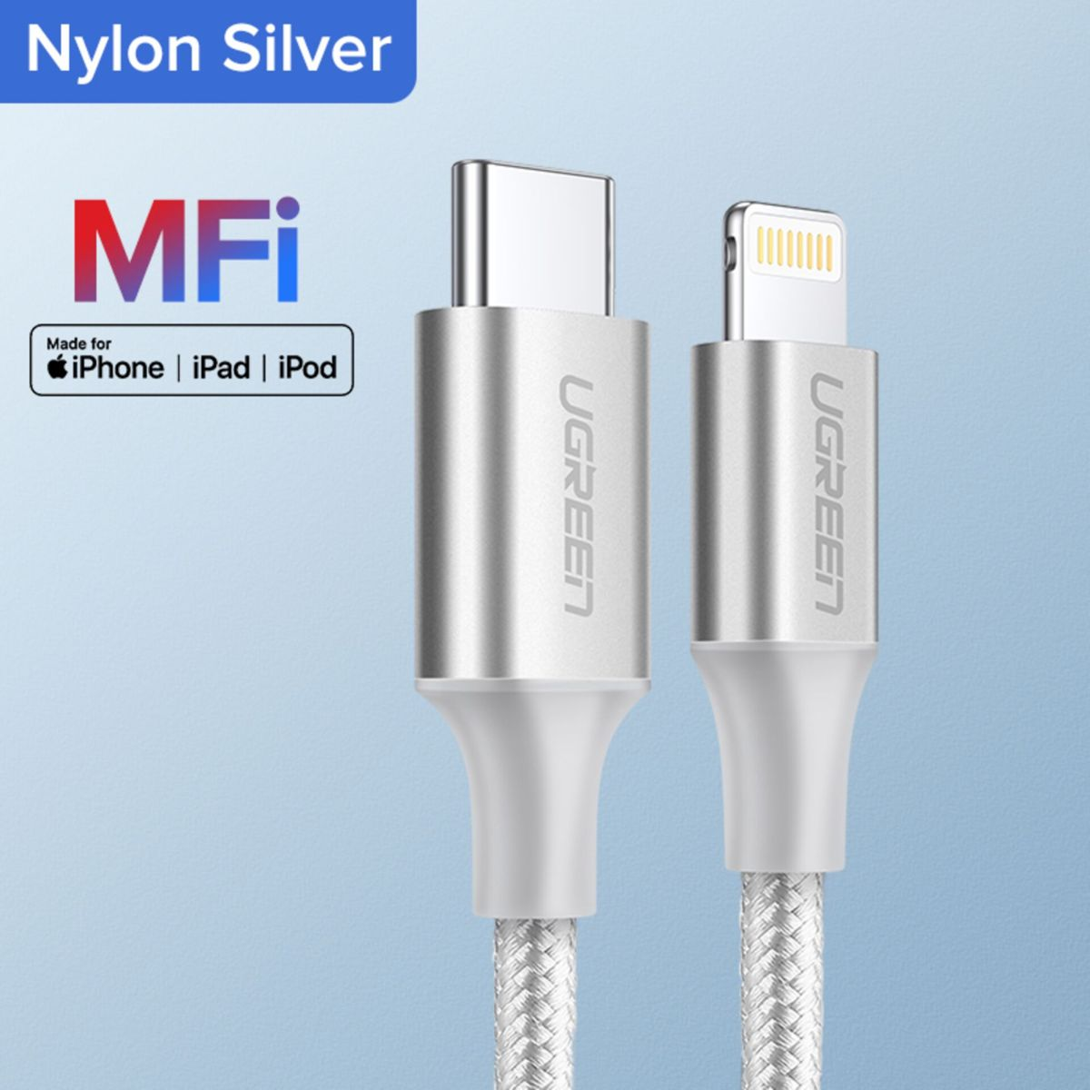 Zilveren en witte USB-C naar Lightning-kabel met UGREEN-merk, MFI-label.