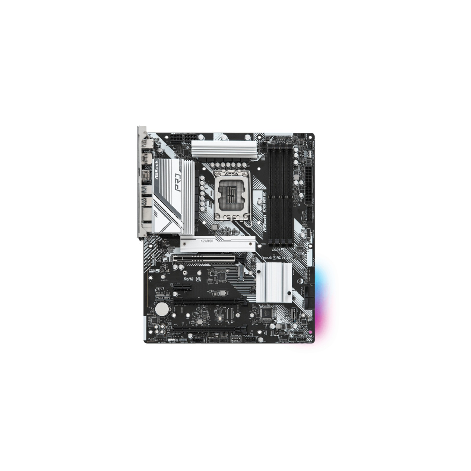 A computer motherboard with multiple components, white background, top-down view.