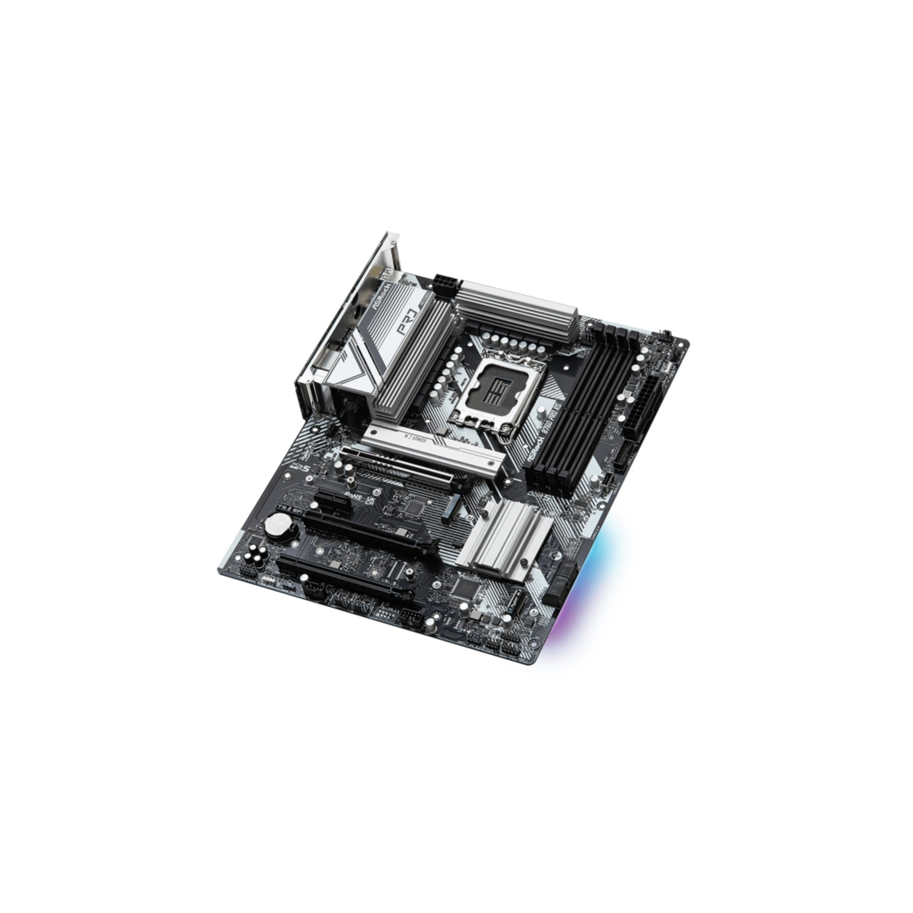 A black and gray computer motherboard on a white background. It has various components and connectors.