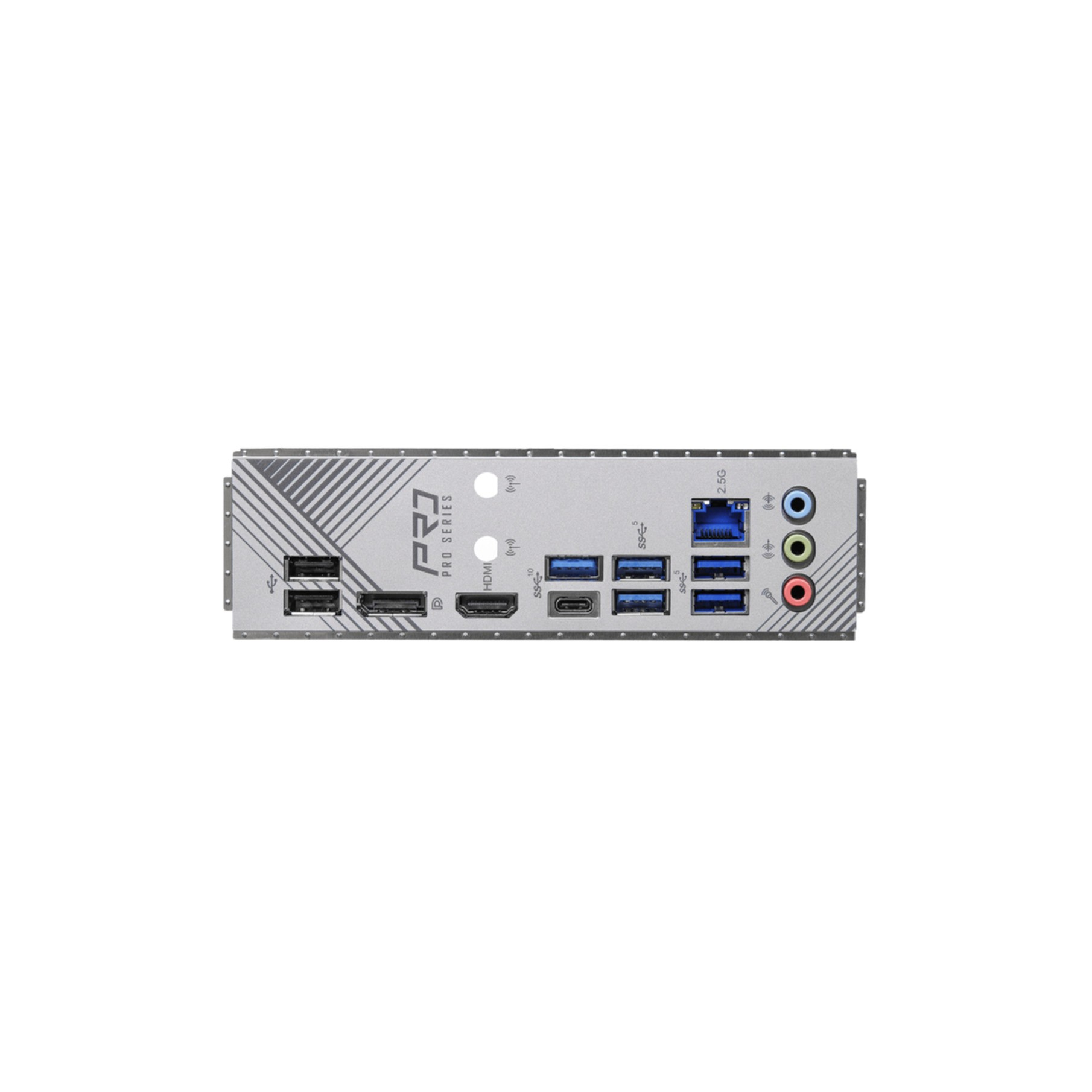 Rear panel of a computer motherboard with various ports, on a white backdrop.