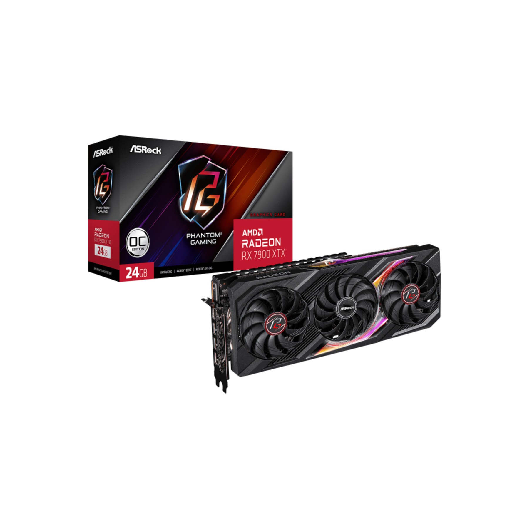 Eine Grafikkarte und ihre Box. Die Karte hat drei Lüfter und die Box hat das Radeon-Logo.