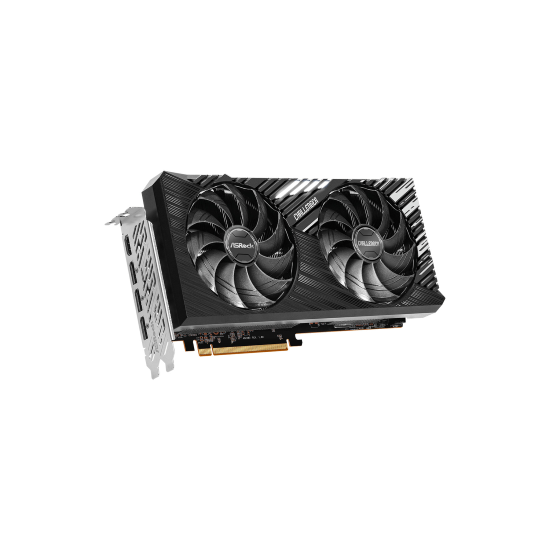 Una tarjeta gráfica ASRock Challenger negra con dos ventiladores y un soporte de metal, sobre fondo blanco.