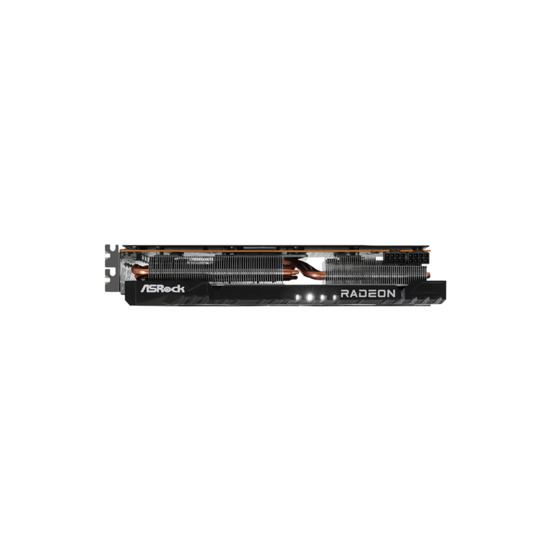 Una tarjeta gráfica negra y plateada con el texto 'ASRock RADEON'. Fondo blanco.