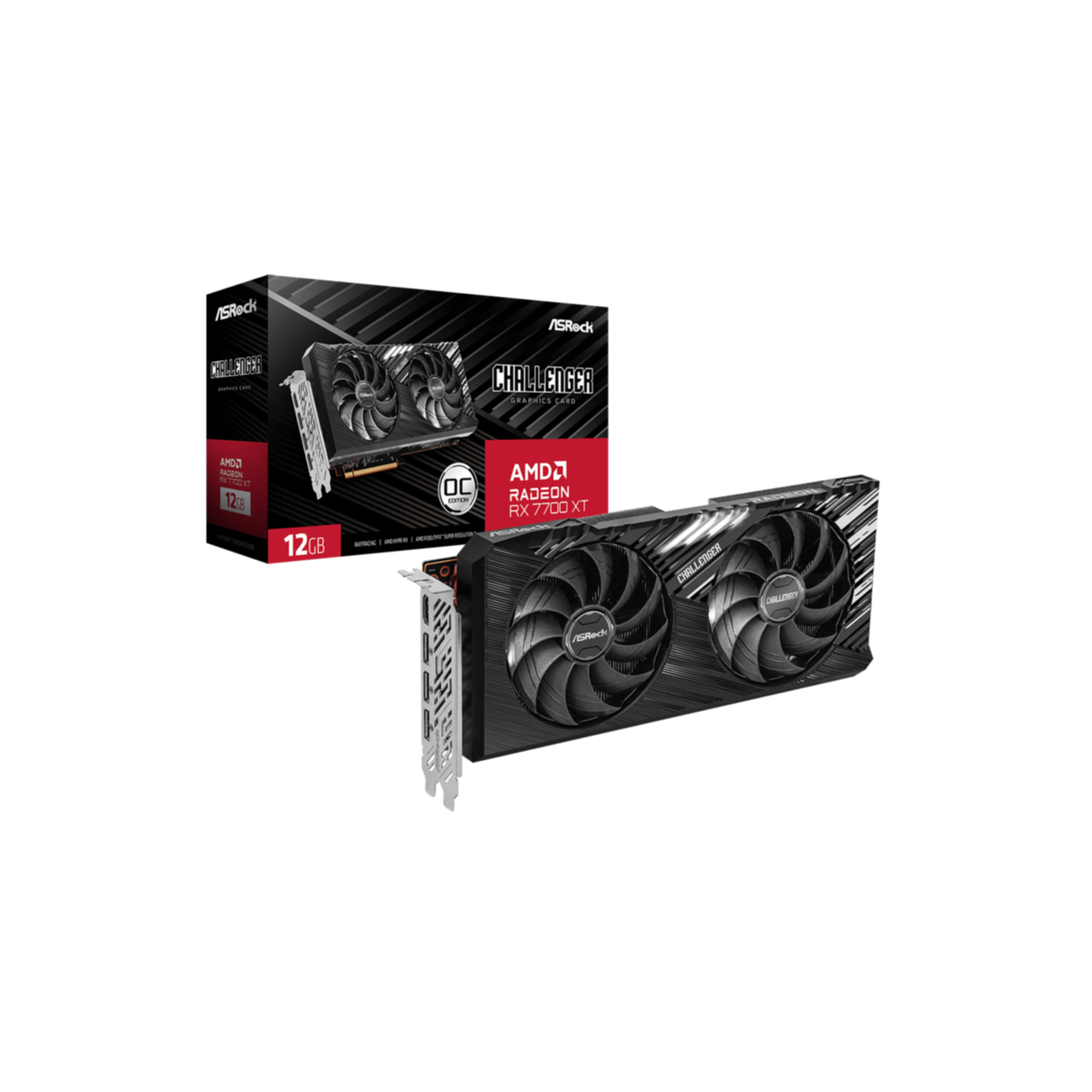 Una tarjeta gráfica negra y roja con dos ventiladores. La caja muestra la tarjeta y dice 12GB.