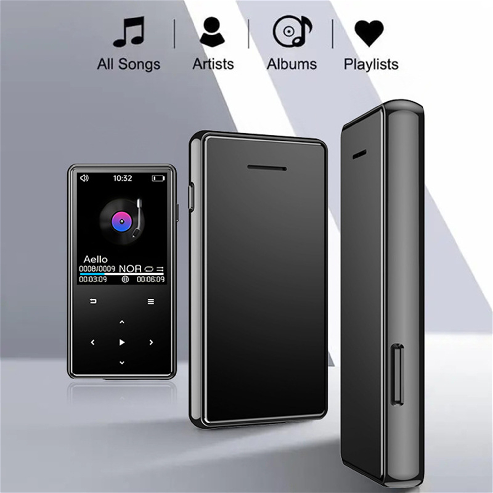 Drei schwarze Musikplayer mit einem Bildschirm, der ein Lied anzeigt. Musiknoten, Künstler, Alben, Wiedergabelisten-Symbole.