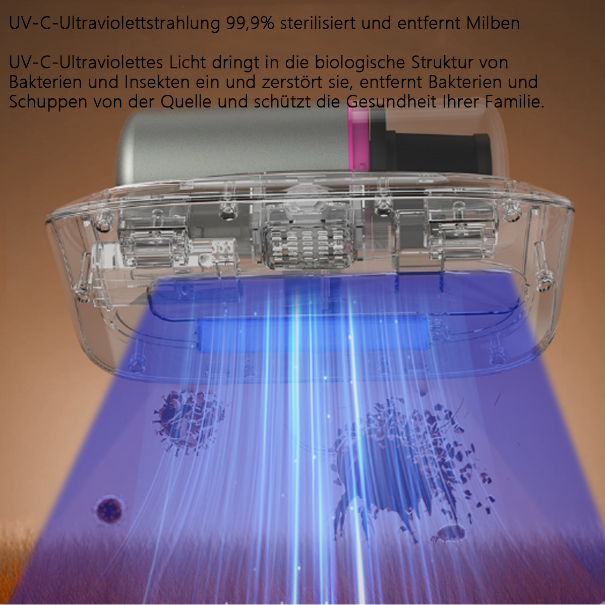 Ein durchsichtiges Kunststoffgerät mit UV-Lichtern, die scheinen. Zeigt blaue Lichtstrahlen. Brauner Hintergrund.