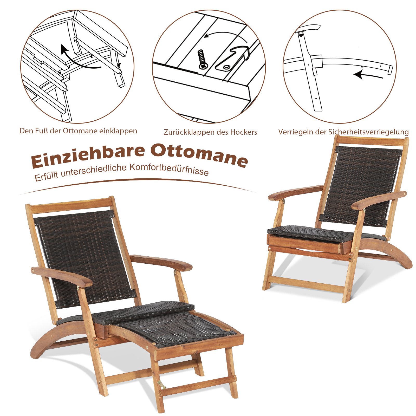 Ottomane in zwei Ansichten. Eine ist ausgeklappt, die andere gefaltet. Holzrahmen und gewebter Sitz.