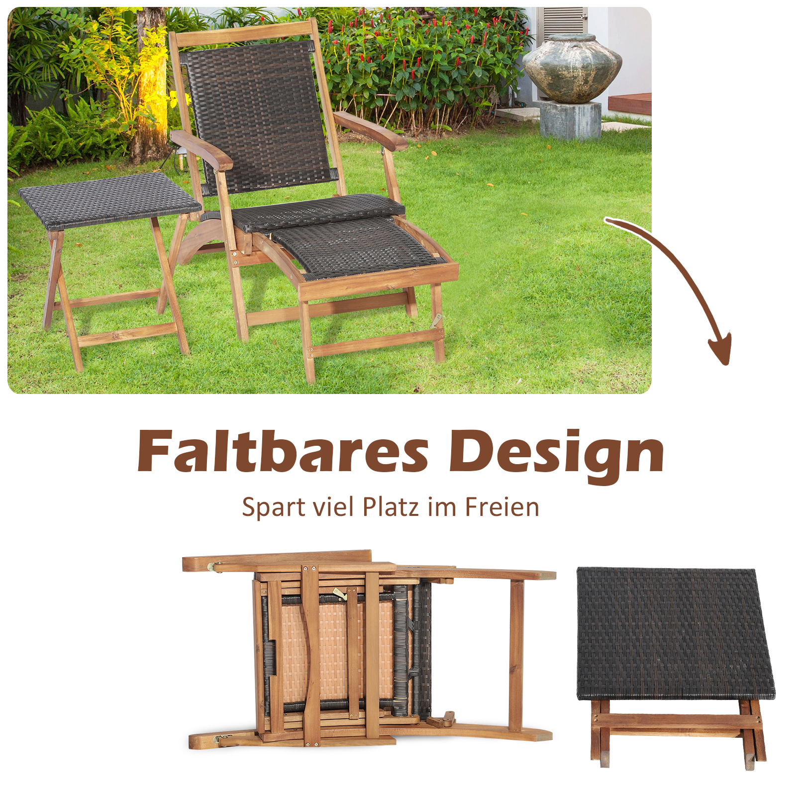 Holz-Outdoor-Stuhl- und -Tisch-Set. Faltbares Design wird in verschiedenen Ansichten gezeigt.