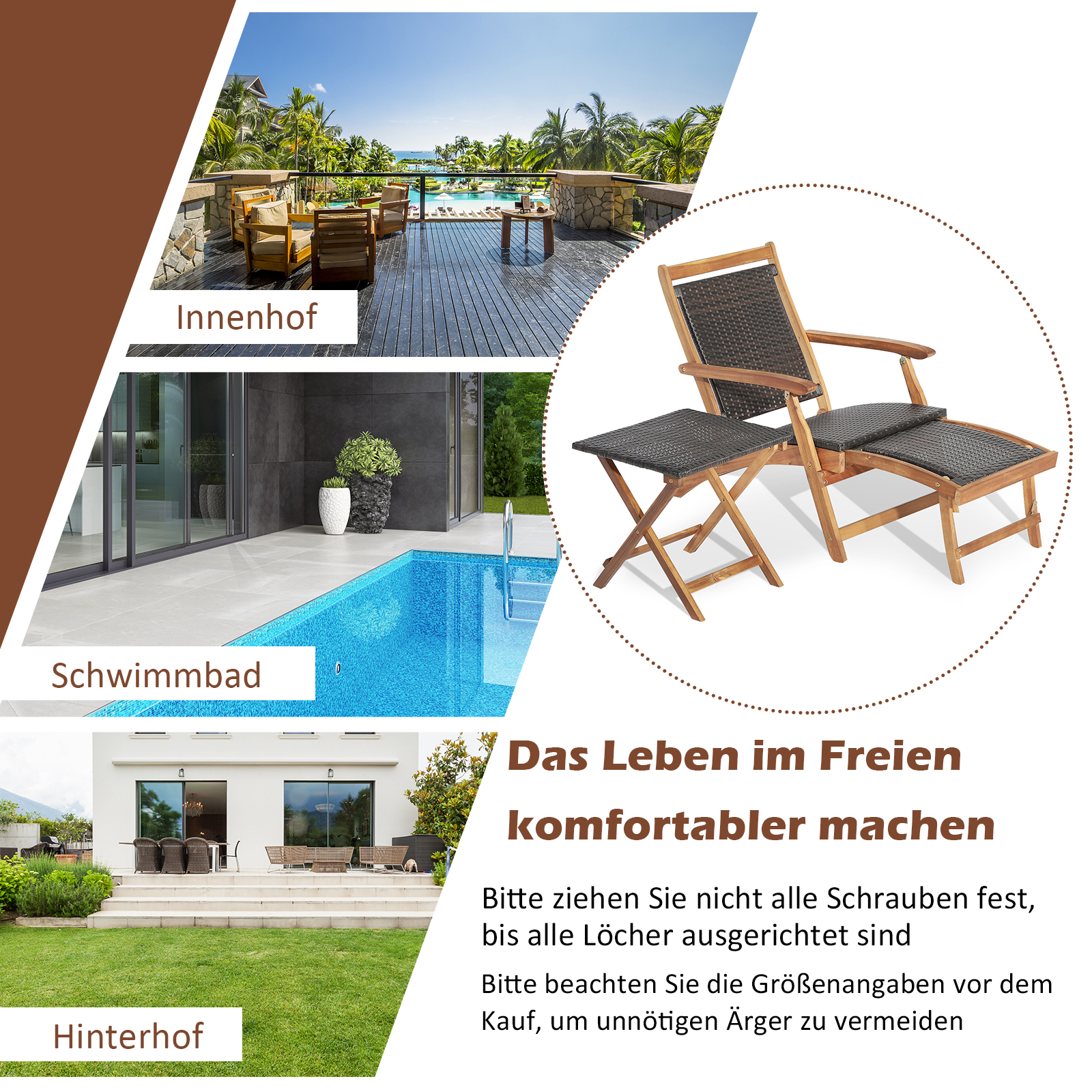 Ein hölzernes Terrassen-Set. Es gibt drei Außenszenen. Text: Das Leben im Freien komfortabler machen.