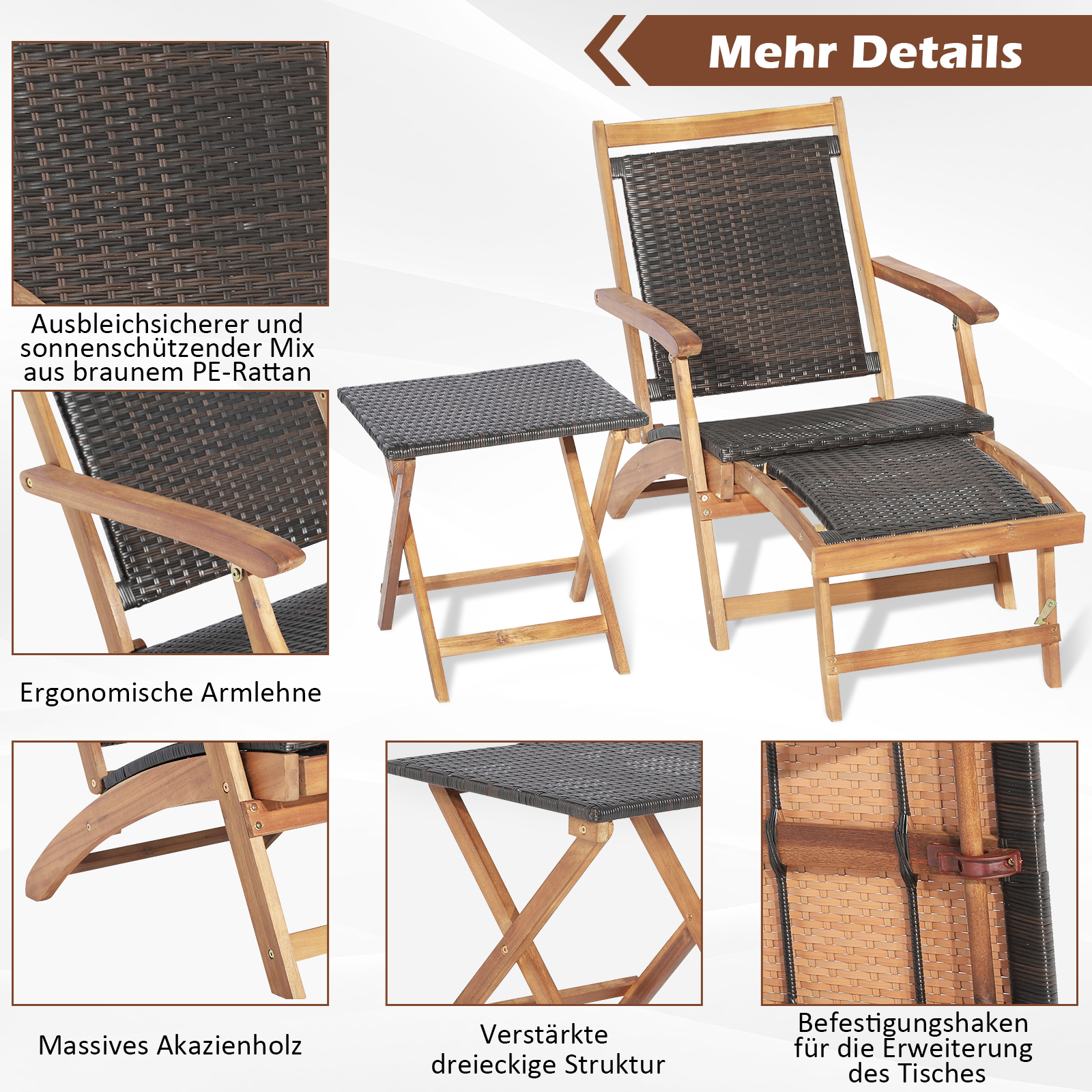 Details zu einem braunen Rattan-Stuhl, Tisch und Fußstütze mit Textbeschriftungen.