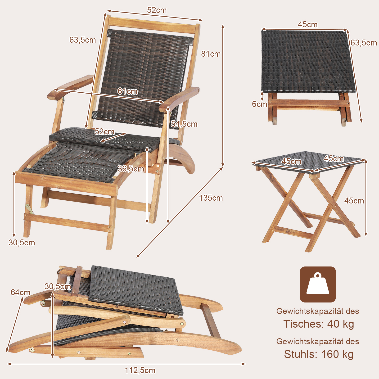 Gartenmöbel-Set aus Holz. Enthält einen Stuhl, eine Fußstütze und einen kleinen Tisch, mit Maßangaben.