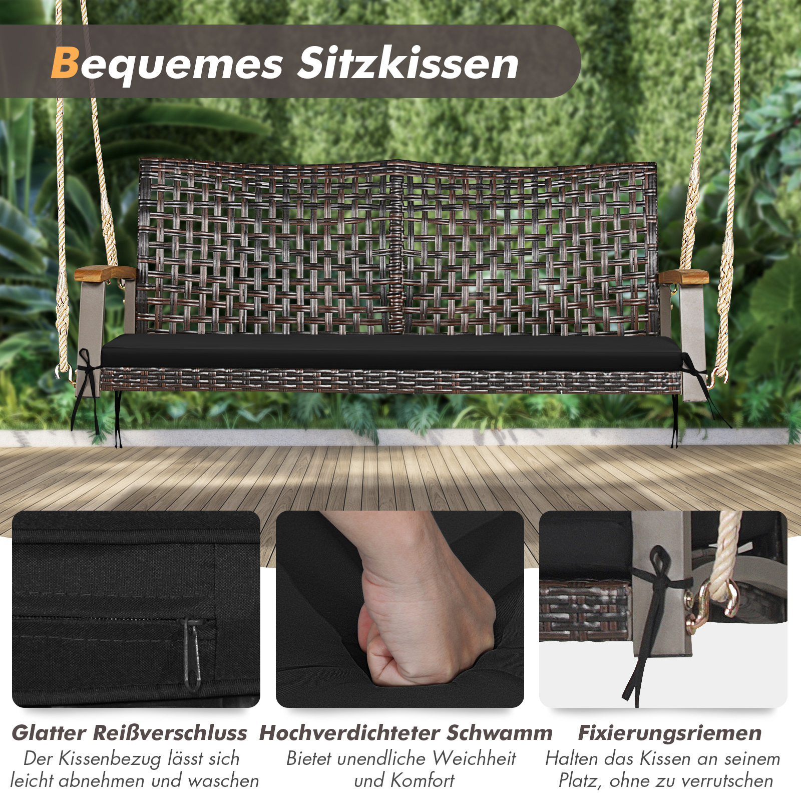 Eine Korbschaukel mit einem schwarzen Kissen. Nahaufnahmen von Details: Reißverschluss, Schwamm und Bindungen.