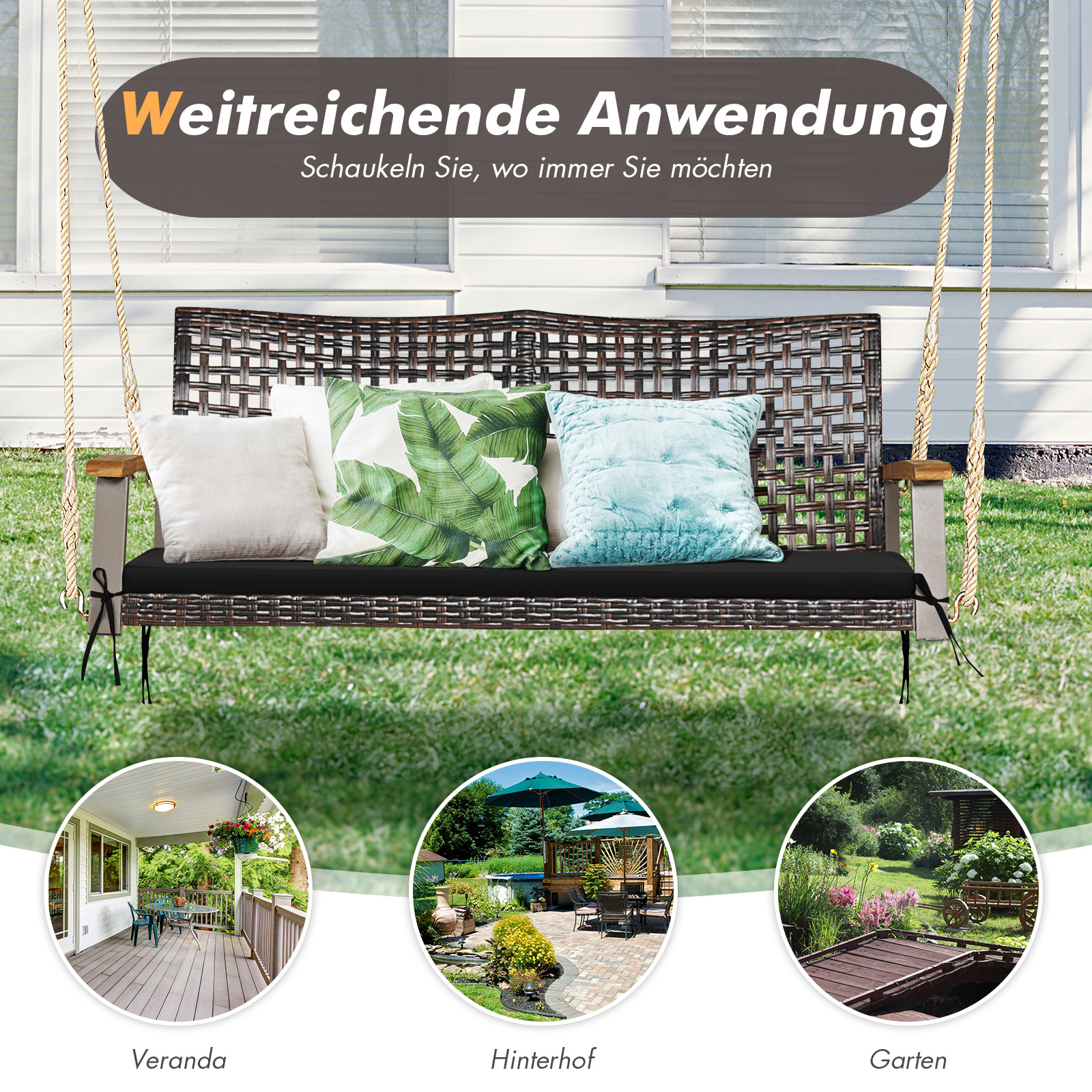 Schaukel im Garten, Text-Overlay, drei Szenen.
