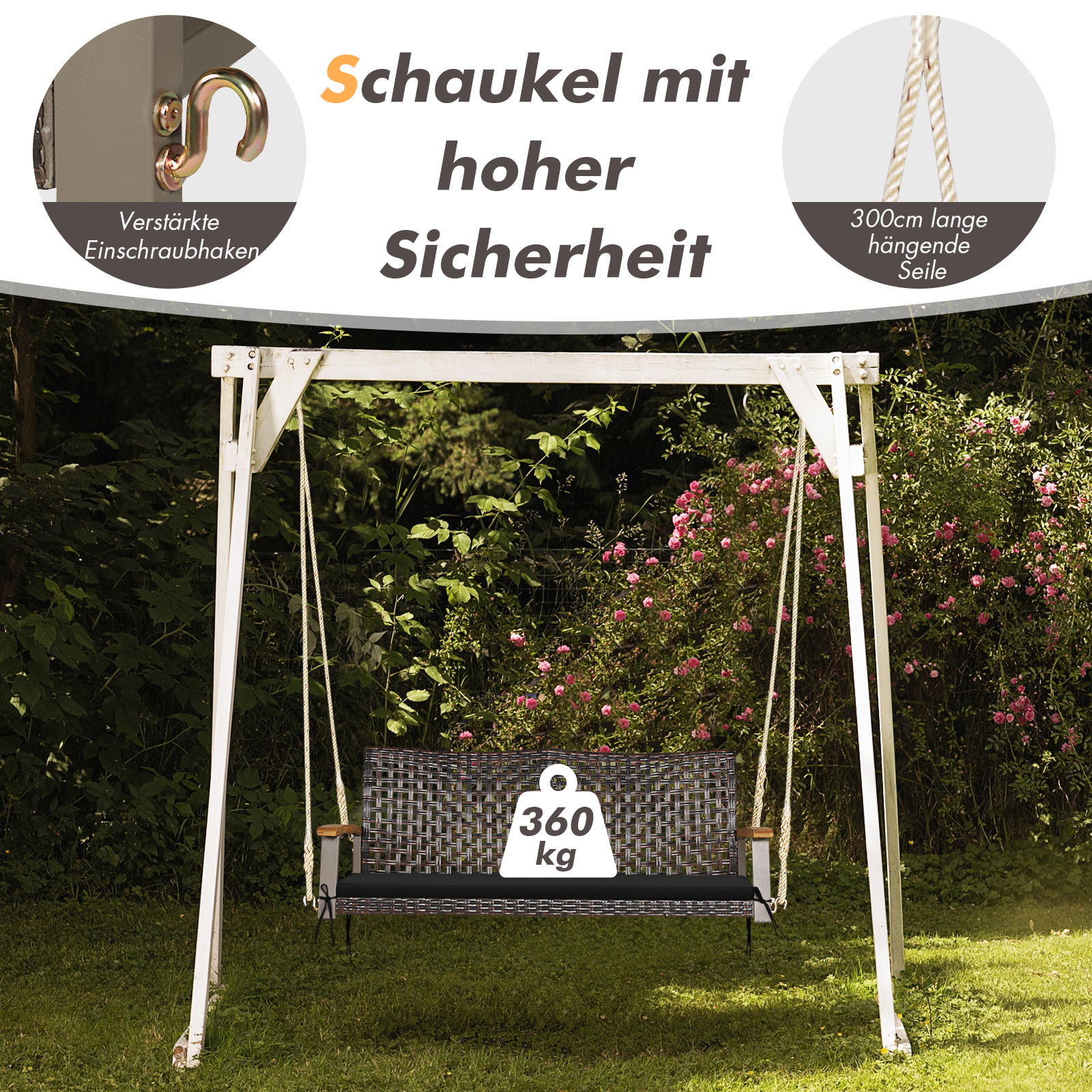 Ein schwarzes und braunes Schaukelgestell mit schwarzem Sitz. Text sagt 'Schaukeln mit hoher Sicherheit'.