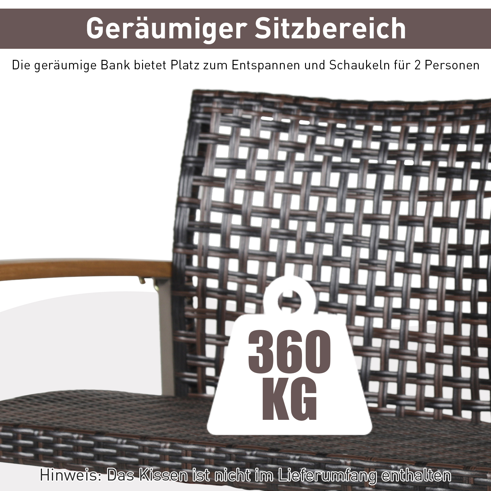 Ein geflochtener brauner Stuhl mit einem Schild, das zeigt, dass er 360 kg halten kann. Der Stuhl hat ein weißes Kissen.