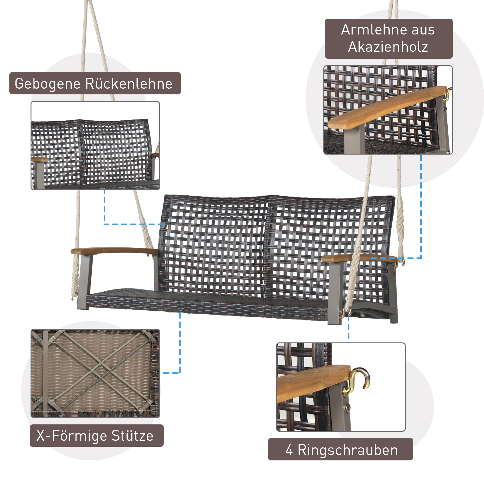 Eine braune Korbschaukel mit Holzarmlehnen, die an Seilen hängt, mit beschrifteten Diagrammdetails drumherum.