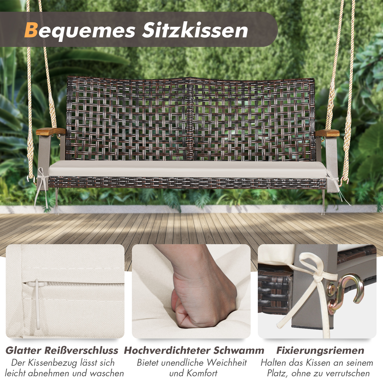 Schaukelbank aus Weidengeflecht mit cremefarbenen Kissen und Holzarmlehnen. Beiger Hintergrund.