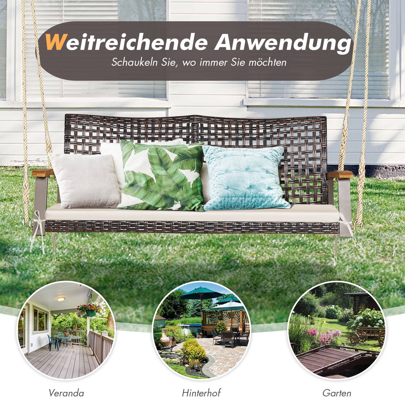 Schaukelbank aus Korbgeflecht mit Kissen, in einem Garten mit zusätzlichen Bildern von Veranda und Garten.