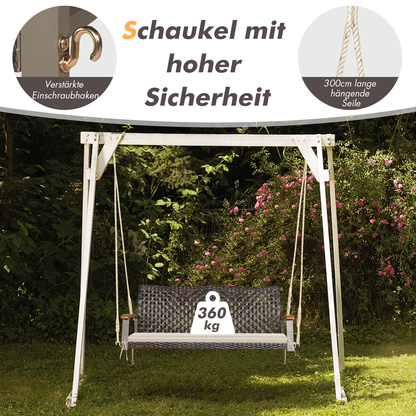 Schaukel im Garten. Sie hat einen schwarzen, gewebten Sitz, einen weißen Rahmen und hängende Seile.