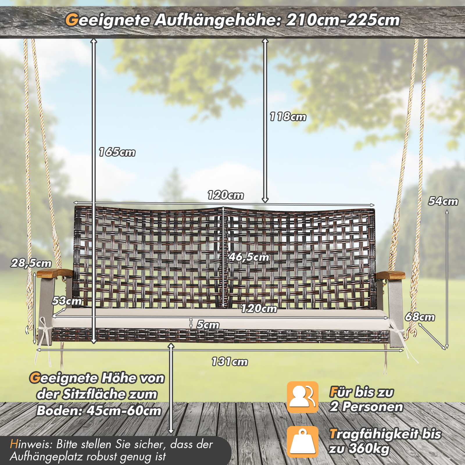 Schaukel mit Maßen und Text auf Deutsch, für zwei Personen, max. 360 kg.