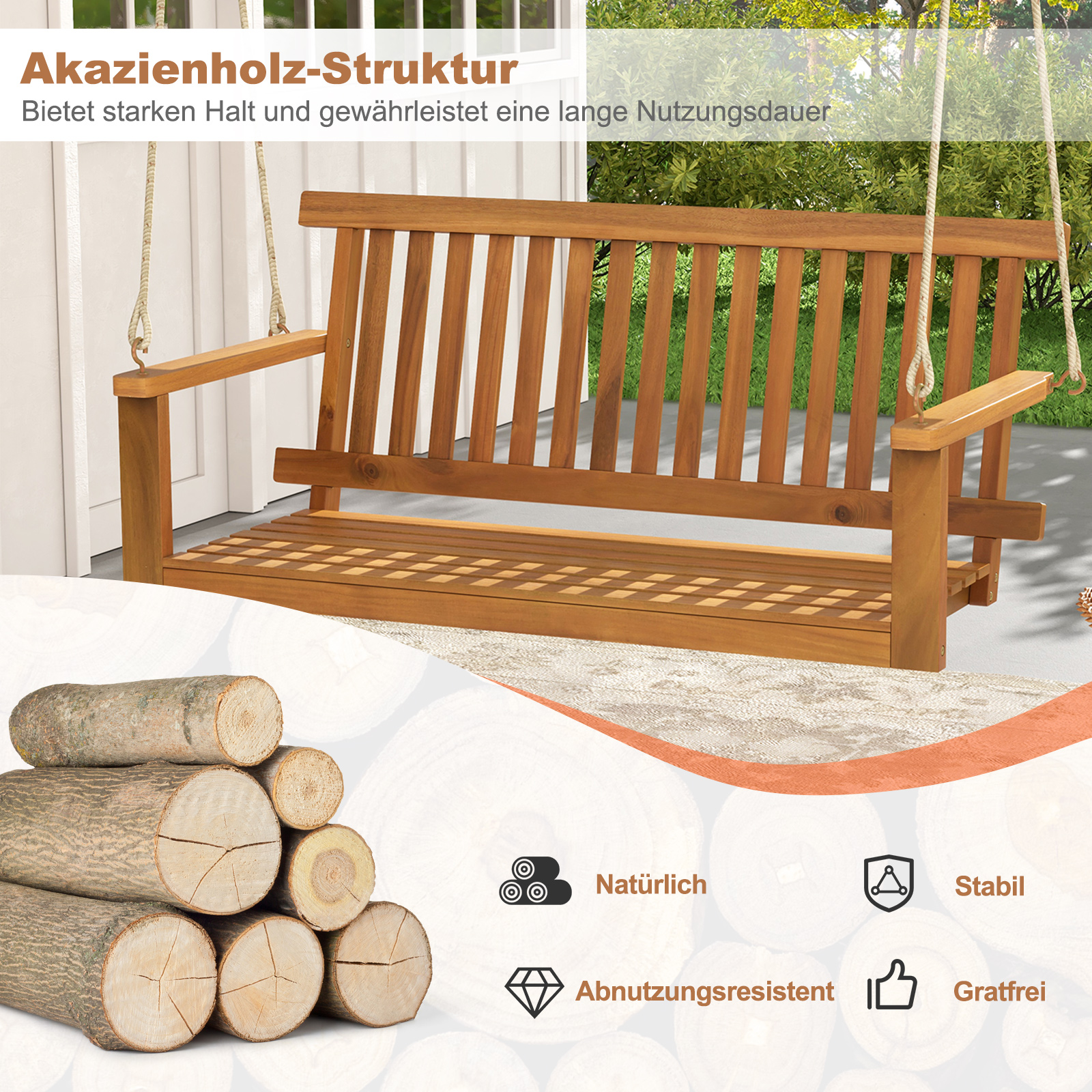 Holzschaukelbank auf einer Terrasse mit Baumstämmen im Vordergrund. Deutscher Text beschreibt die Eigenschaften.