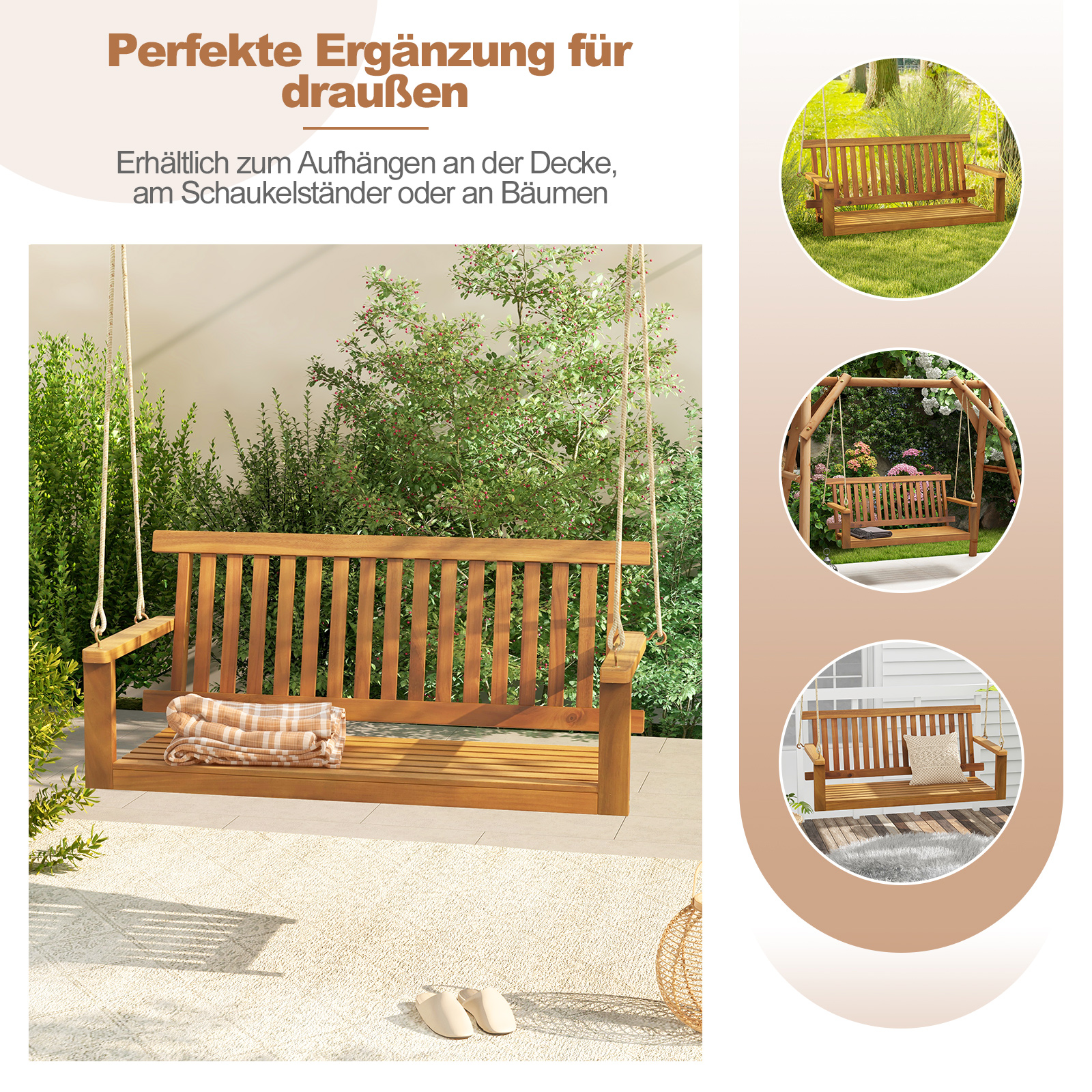 Holzschaukel mit einer karierten Decke. Zusätzliche Bilder zeigen die Schaukel in verschiedenen Außenbereichen.