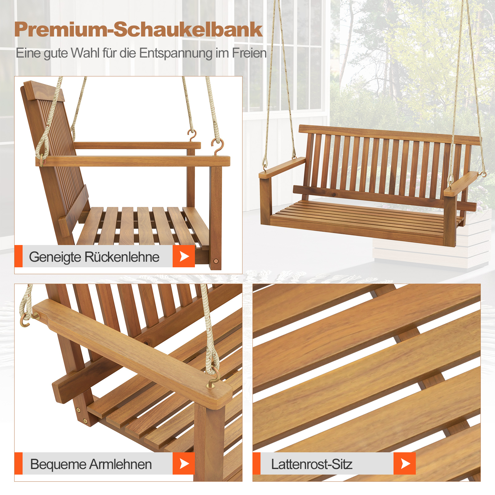 Holzschaukelbank mit Nahaufnahmen von Sitz und Armlehnen.