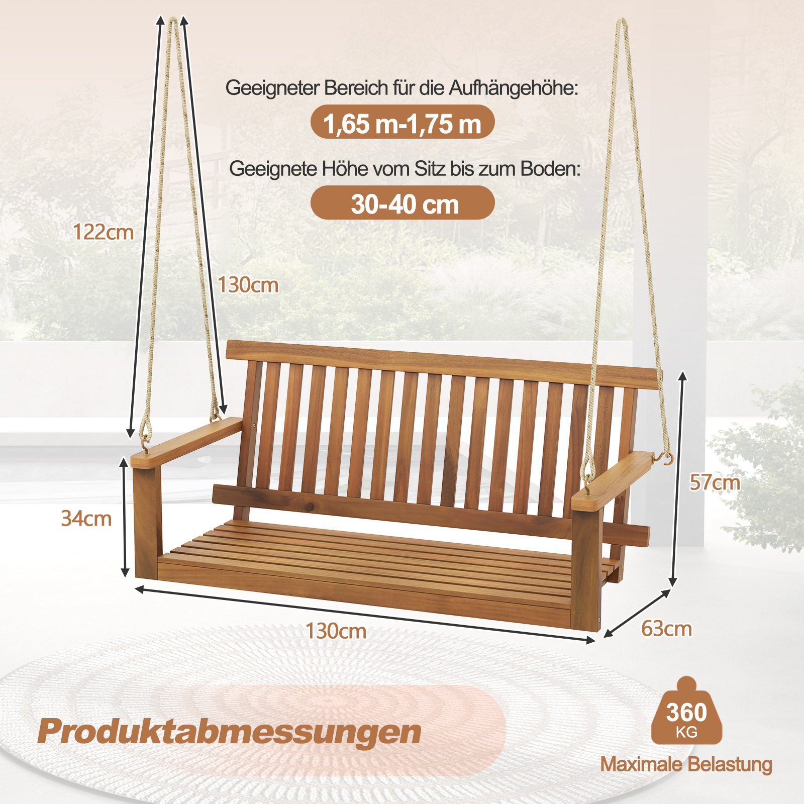 Holzschaukel mit Maßen, an Seilen hängend, auf weißem Hintergrund.