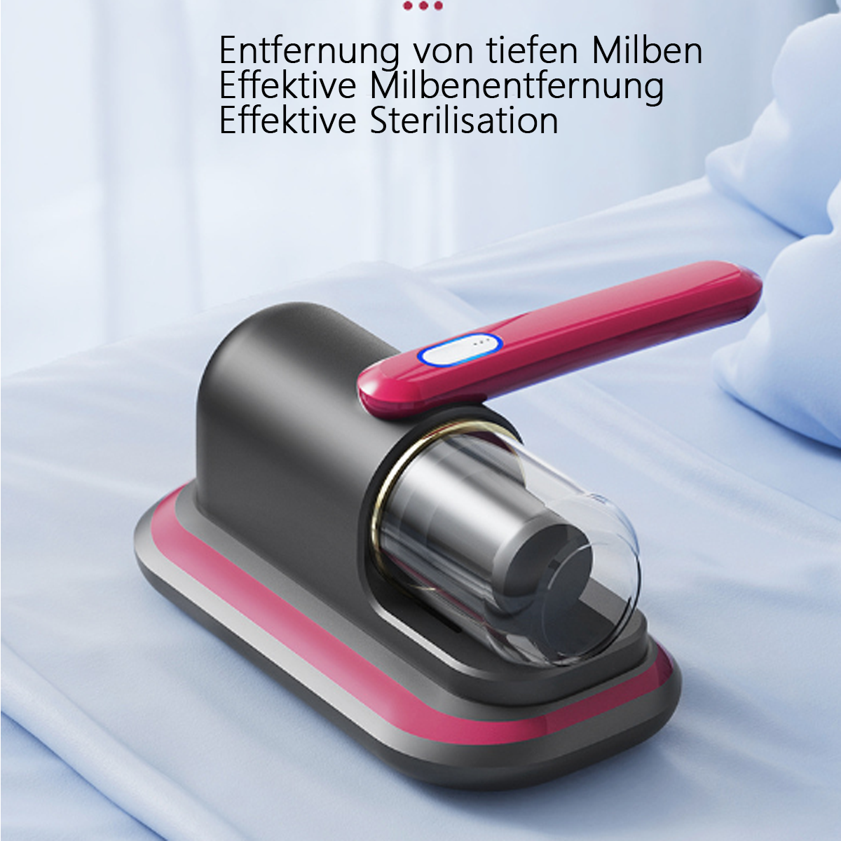 Ein schwarz-rosa Gerät mit rotem Griff. Text weist auf effektive Milbenentfernung und Sterilisation hin.
