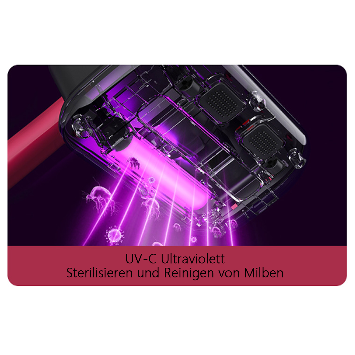 Staubsaugerbasis mit violetten UV-Lichtstrahlen. Der Text lautet: Milben sterilisieren und reinigen.