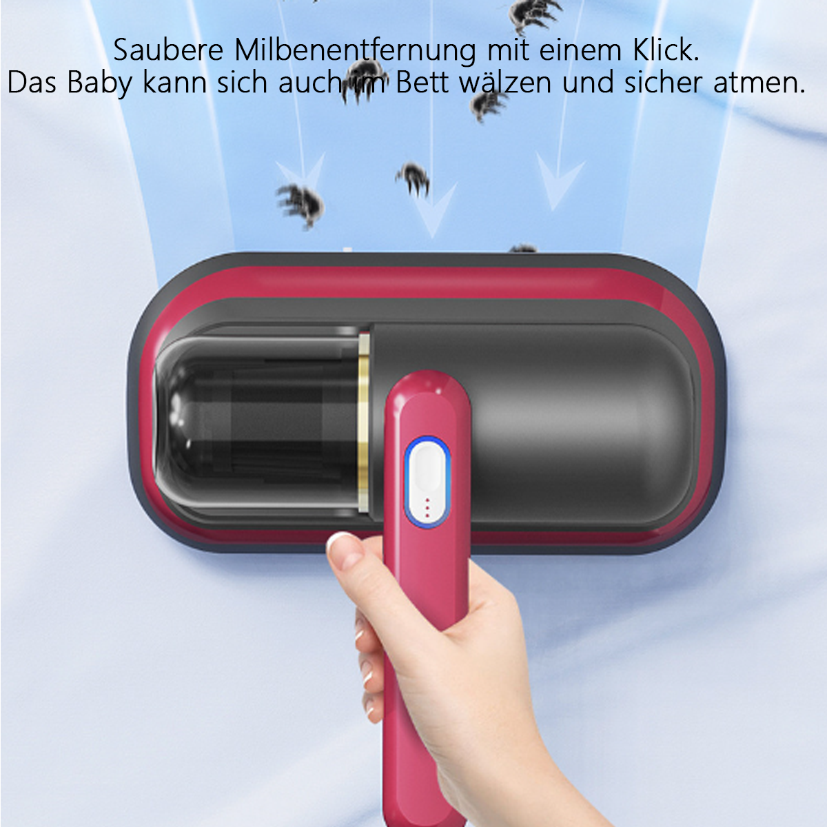 Eine Hand, die ein rosa Gerät hält und ein Bett reinigt, mit Pfeilen und Staubillustrationen.