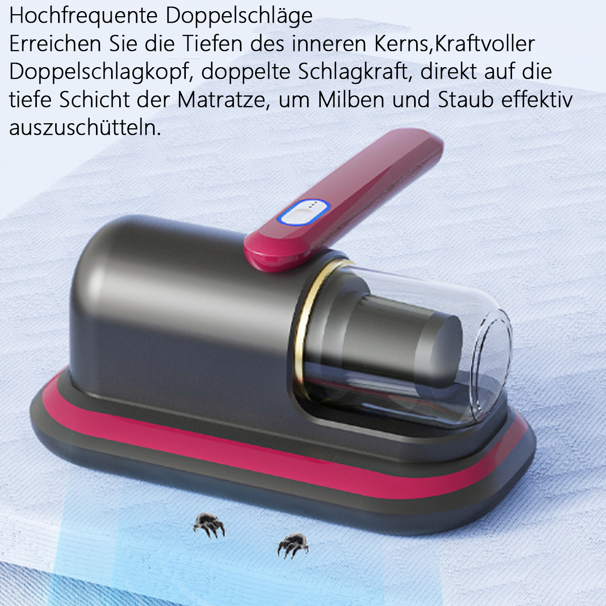 Ein Gerät zum Reinigen, mit rotem und schwarzem Design. Zwei Käfer sind im Vordergrund.