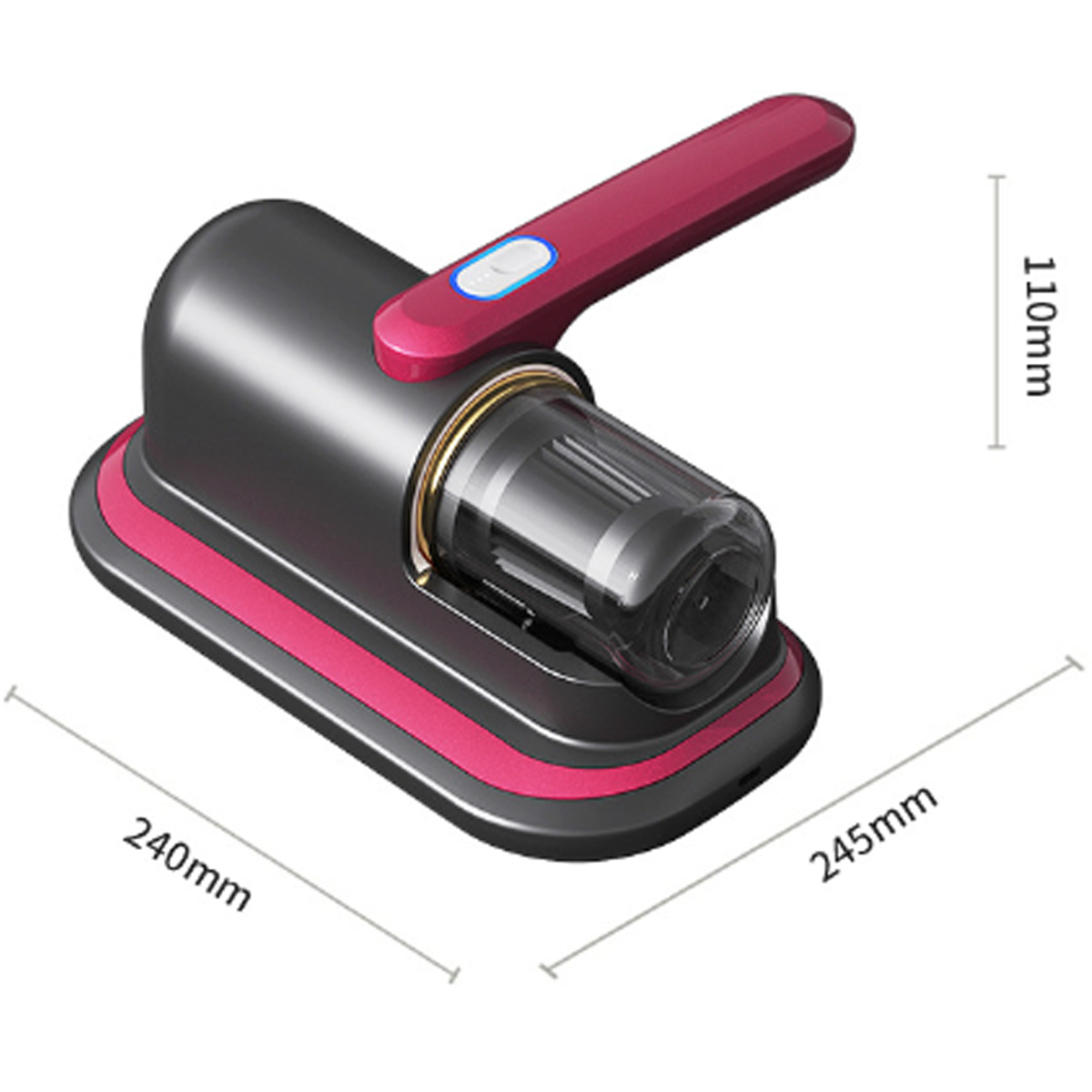 Ein schwarz-rosa kabelloser Staubsauger mit beschrifteten Abmessungen, auf weißem Hintergrund.