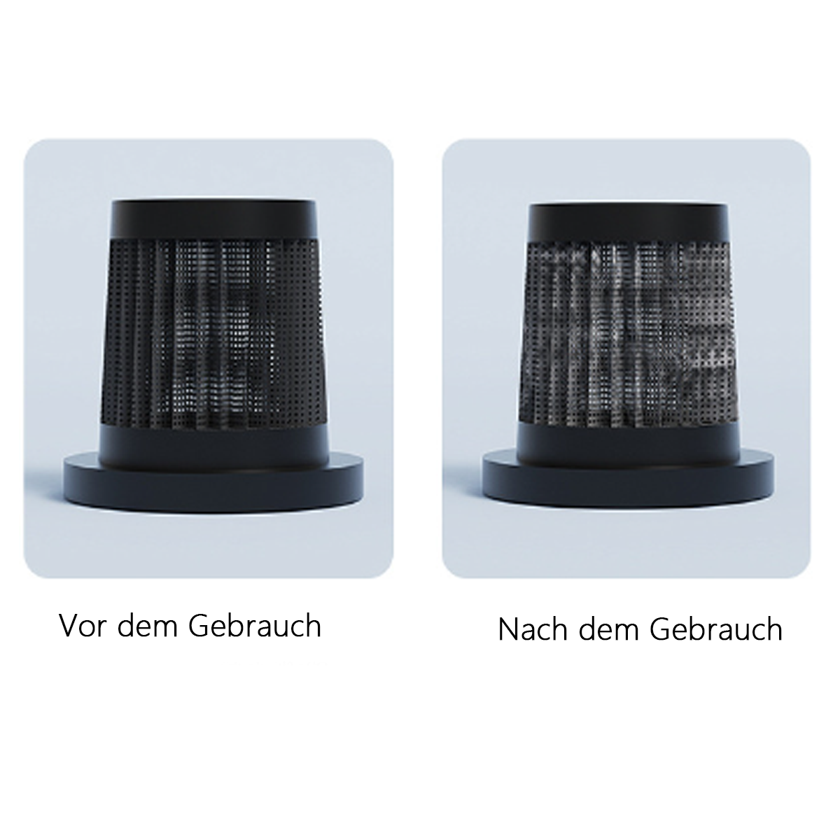 Zwei Luftfilterbilder: Vor und Nach Gebrauch, zeigen Veränderungen in Schwarz.