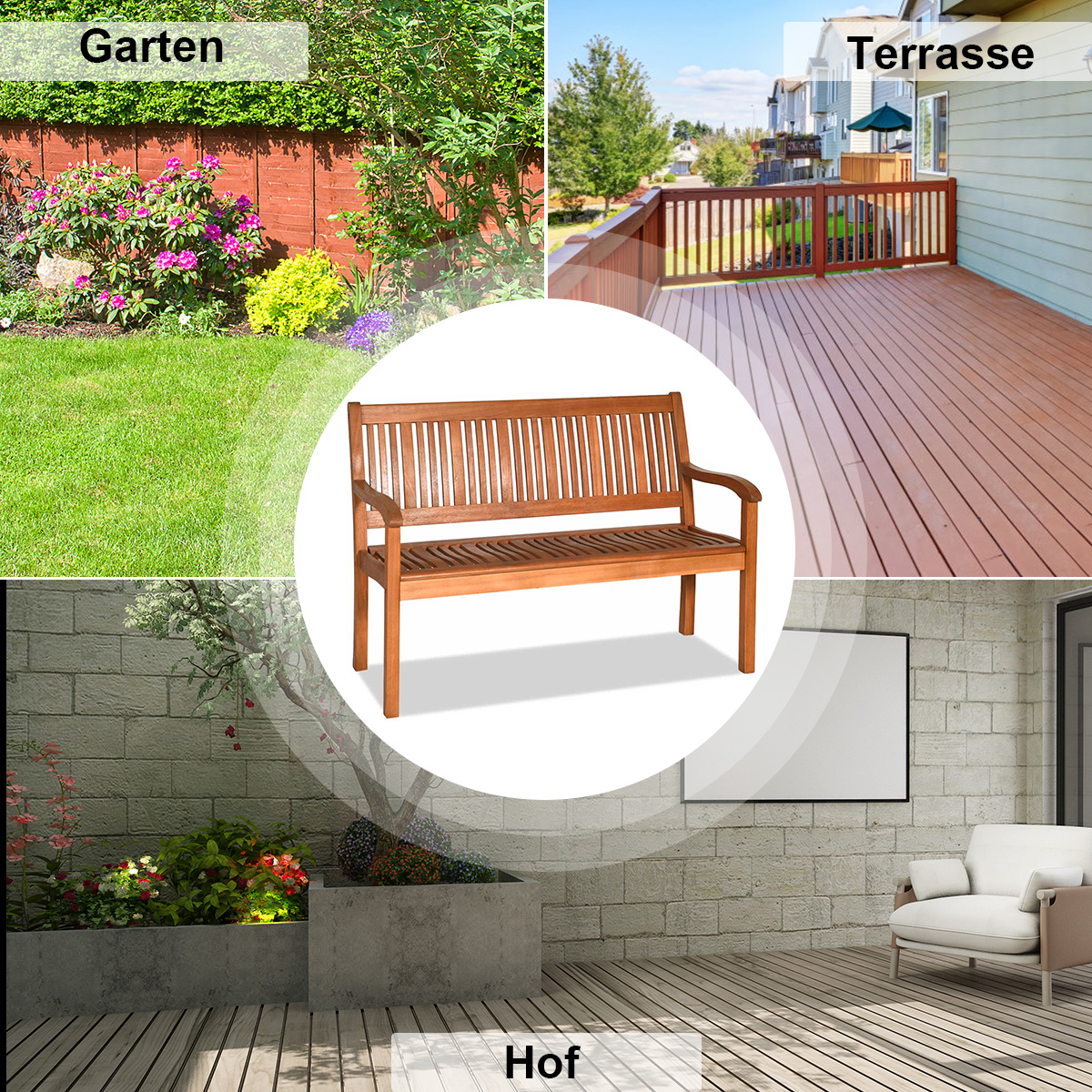 Collage von Außenszenen: Garten, Terrasse und Hof mit einer Bank. Verschiedene Pflanzen und Strukturen.