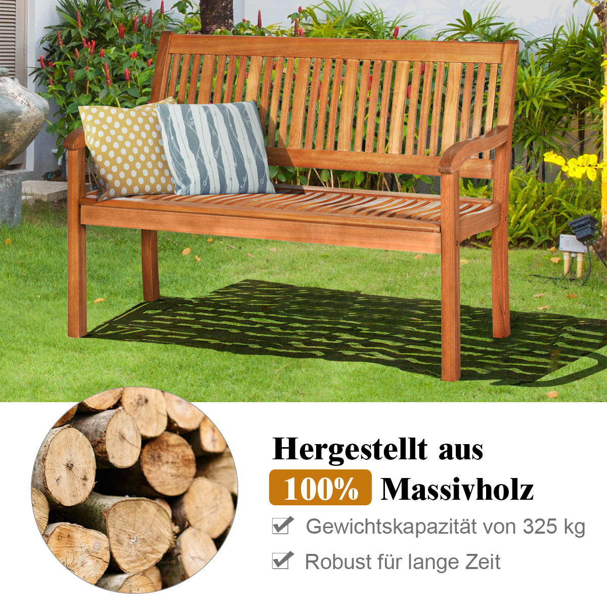 Holzbank mit Kissen auf Gras, mit Protokolldetails in einem Kreis.