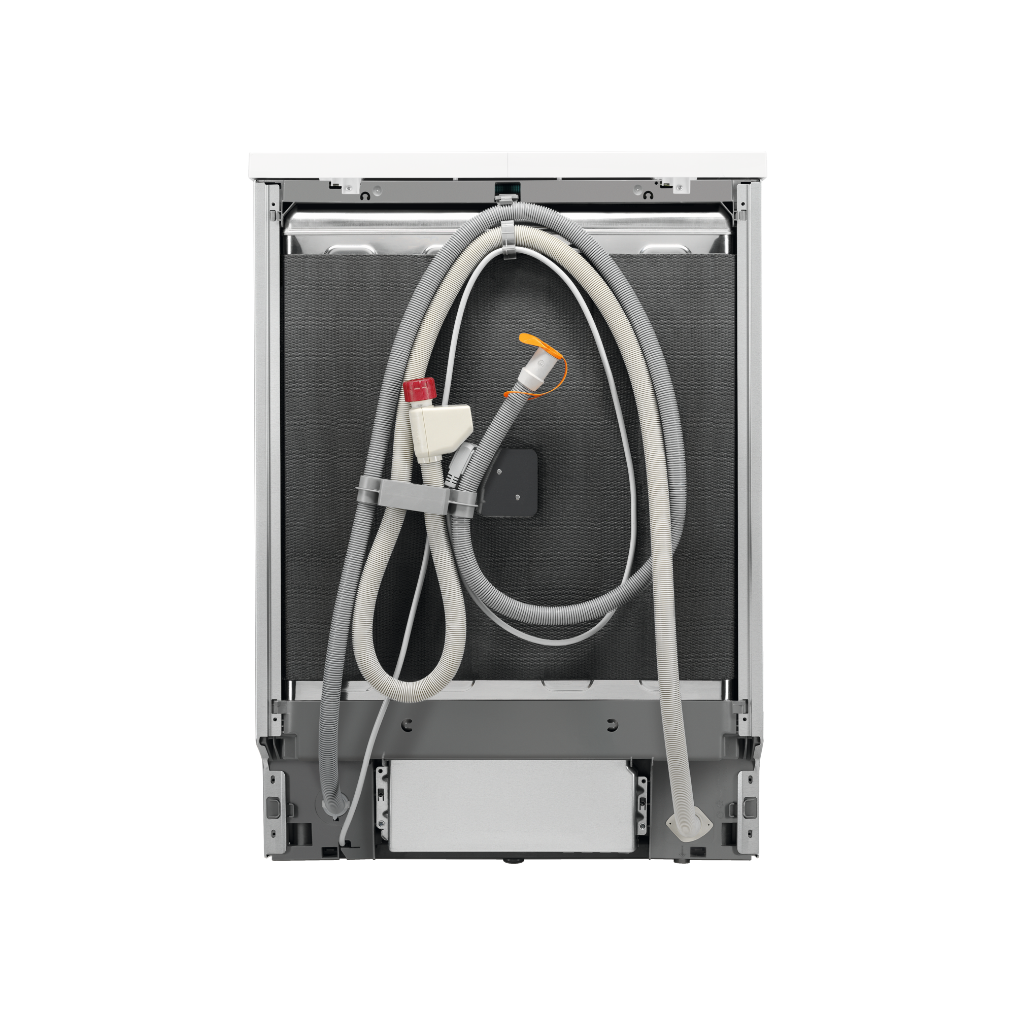 Spód zmywarki z podłączonymi wężami i okablowaniem.