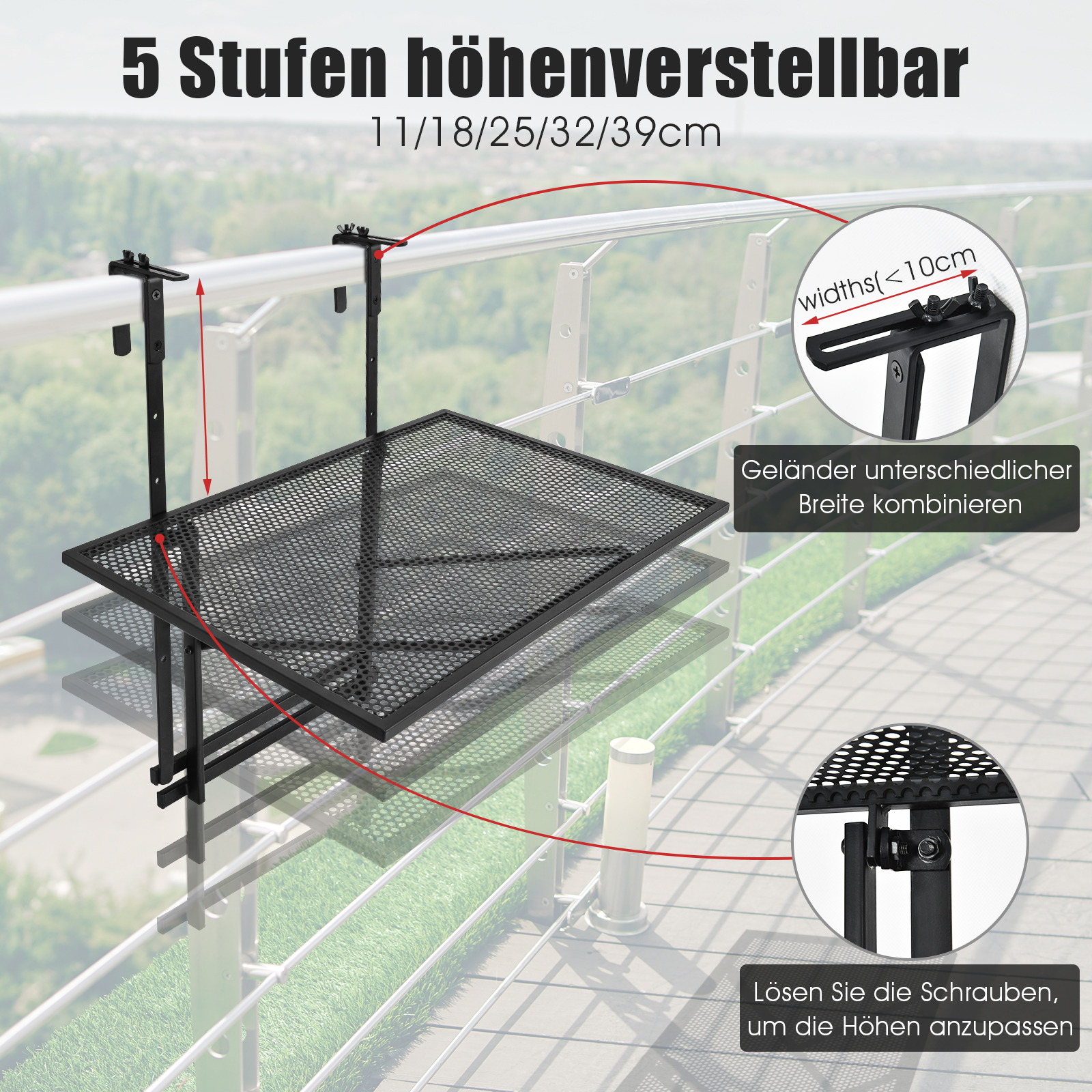 Ein schwarzer Balkon-Hängetisch, höhenverstellbar, mit Diagrammen zur Anpassung.
