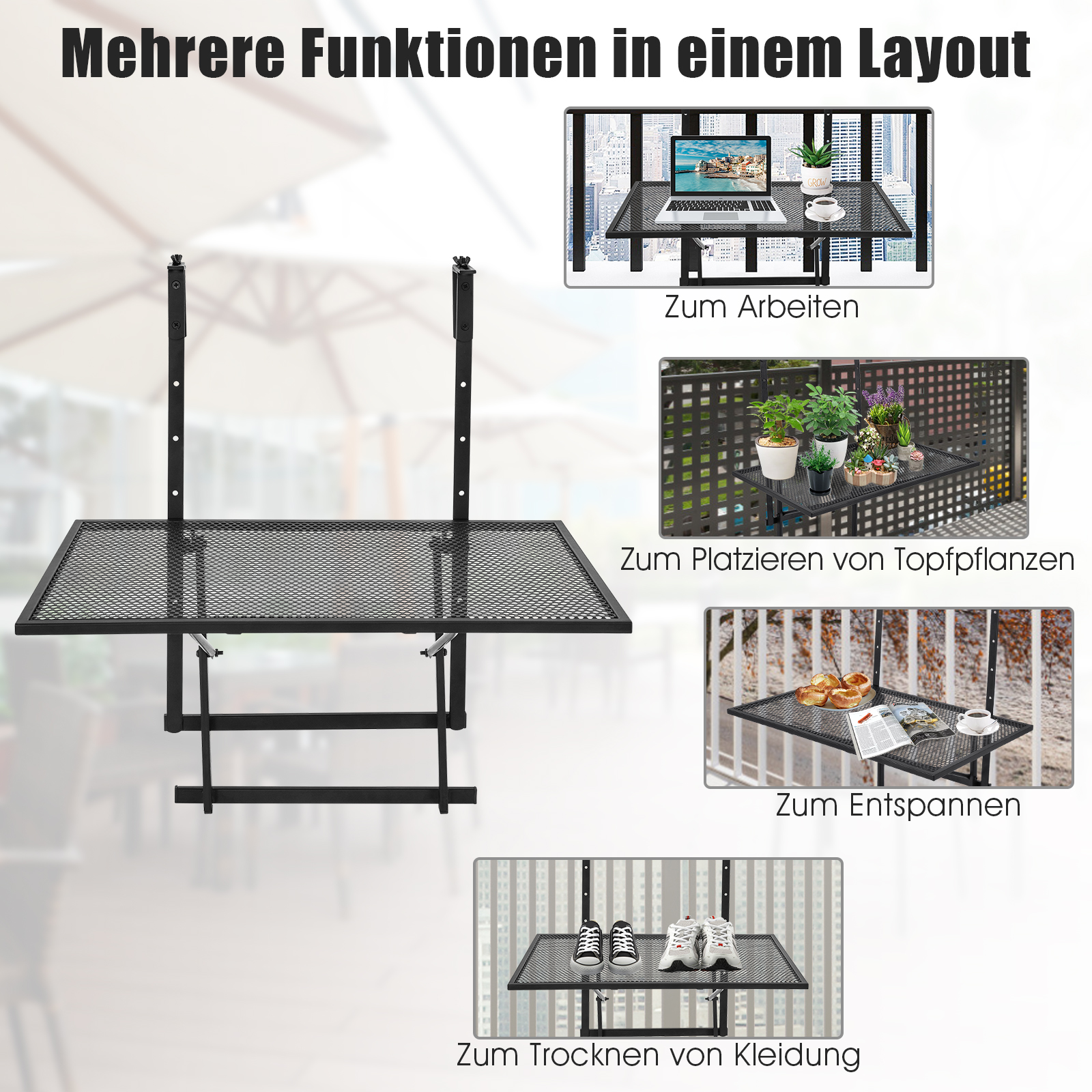 Schwarzer Metall-Balkontisch mit mehreren Nutzungsszenarien.