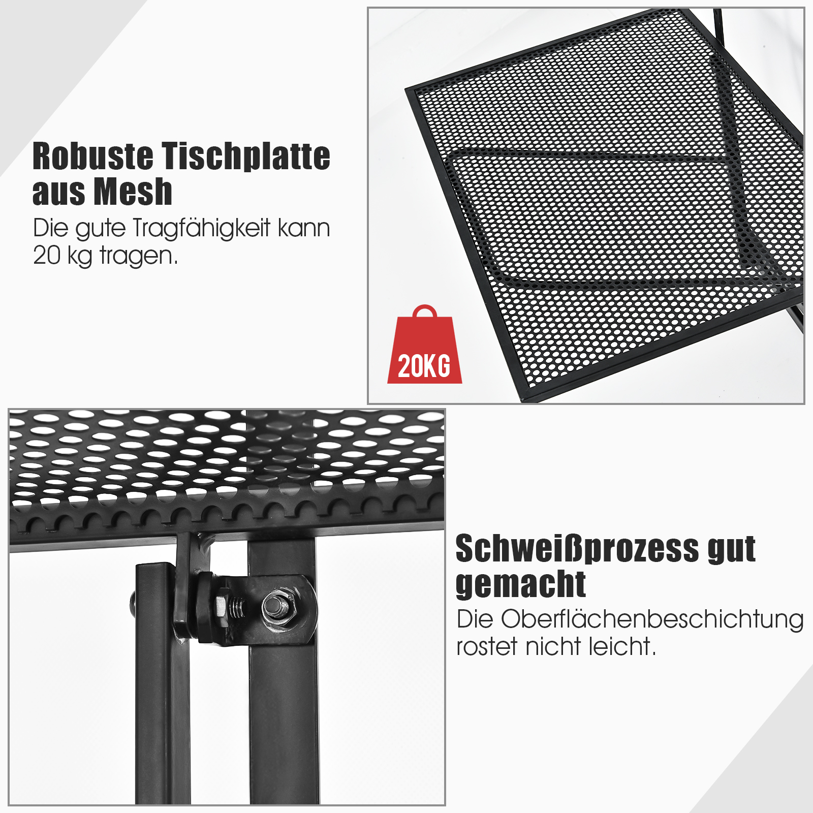 Ein schwarzes Metallgitter, mit Nahaufnahmen, die die Details der Konstruktion zeigen.