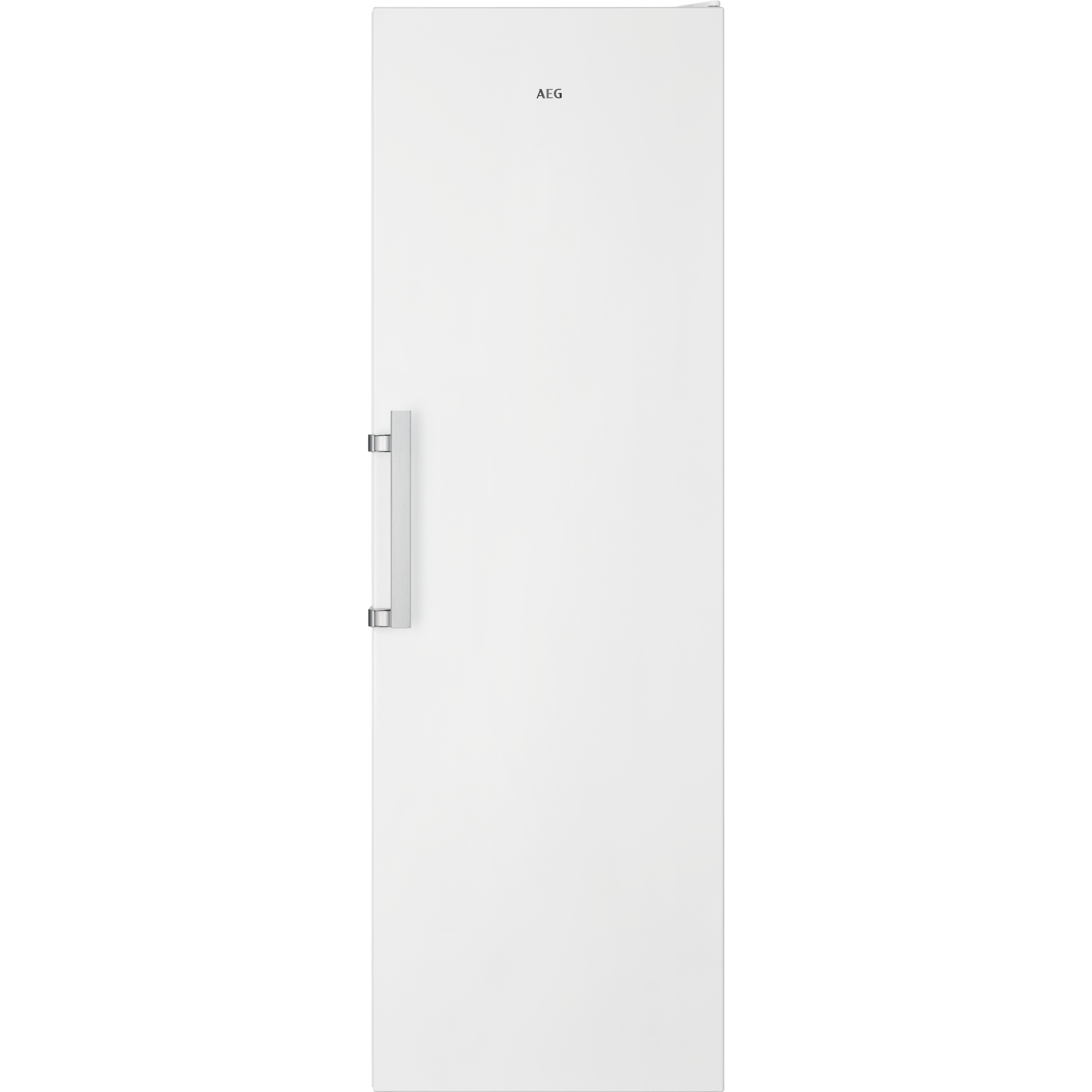 Un frigorífico alto y blanco con un tirador plateado en el lado derecho. La marca AEG está en él.