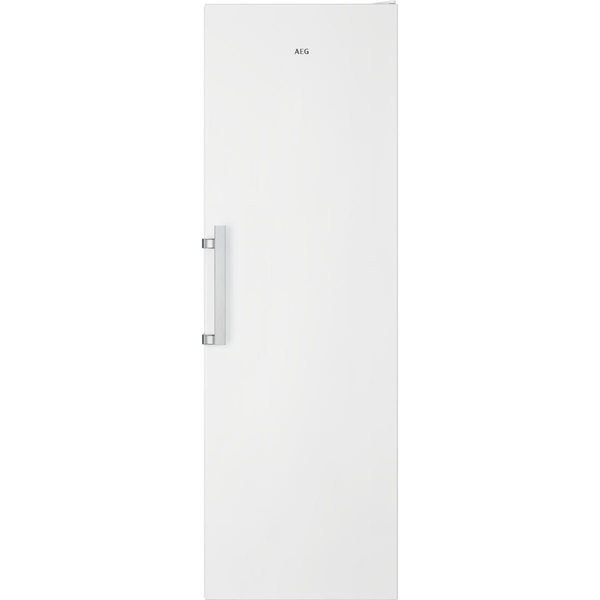 Refrigerador AEG blanco con manija plateada, sobre fondo negro.