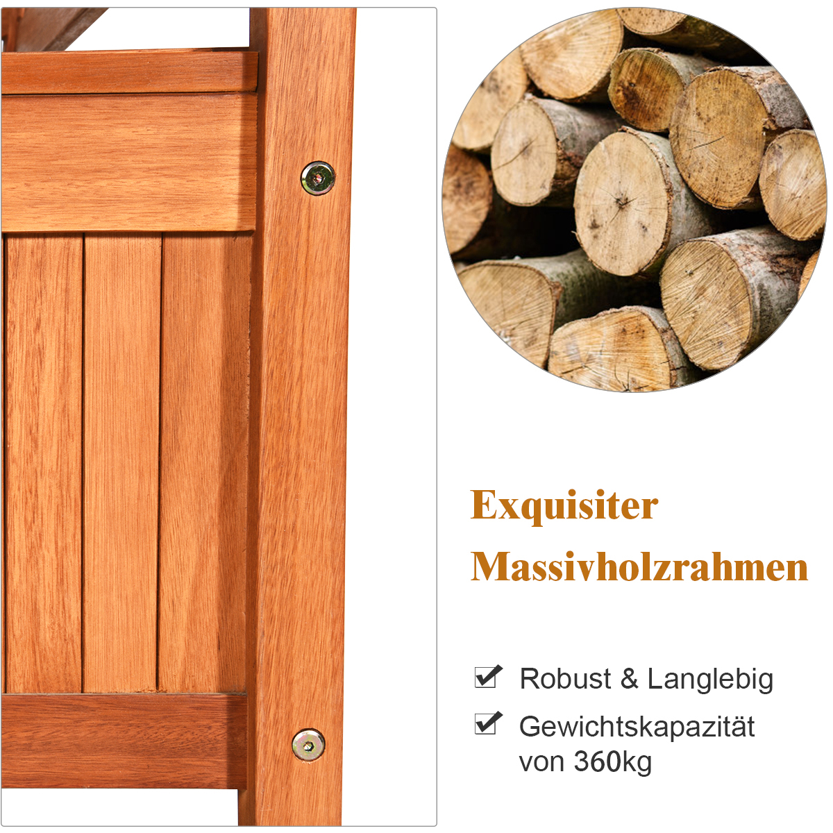 Holzrahmendetail mit einem Kreis aus Baumstämmen und deutschem Text.