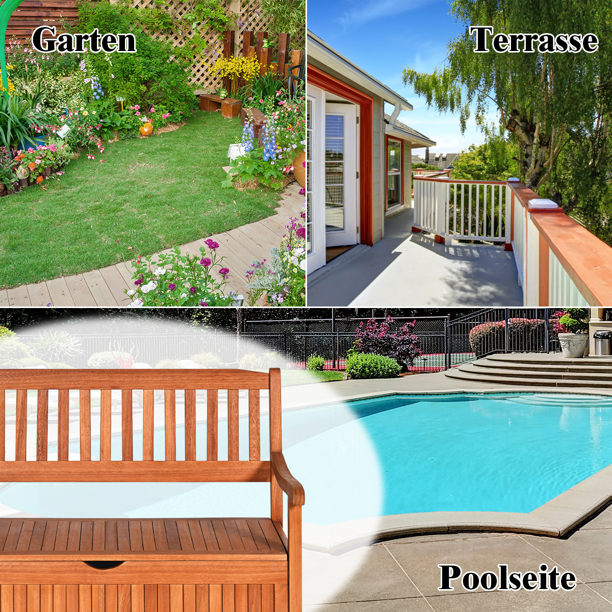 Mehrere Szenen: Garten mit Blumen, Terrasse mit weißem Geländer und Poolseite mit Holzbank.