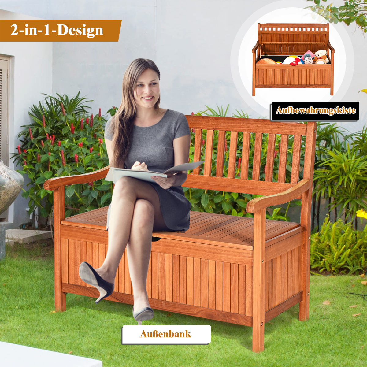 Frau auf einer Holzbank mit Staufach. Text: 2-in-1-Design. Grünes Gras und rote Blumen.