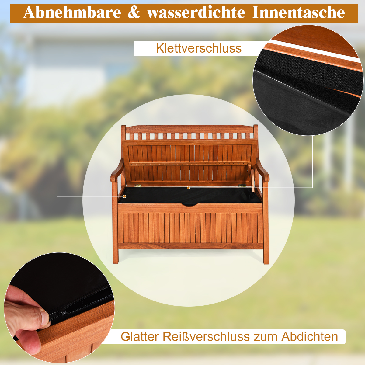 Holzbank mit schwarzem Stauraum. Reißverschluss-Detail an der Seite. Grüner Gras-Hintergrund.