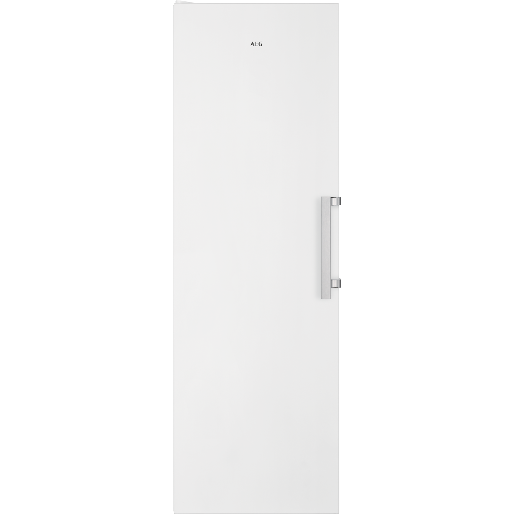 Refrigerador AEG blanco con manija plateada sobre fondo negro.