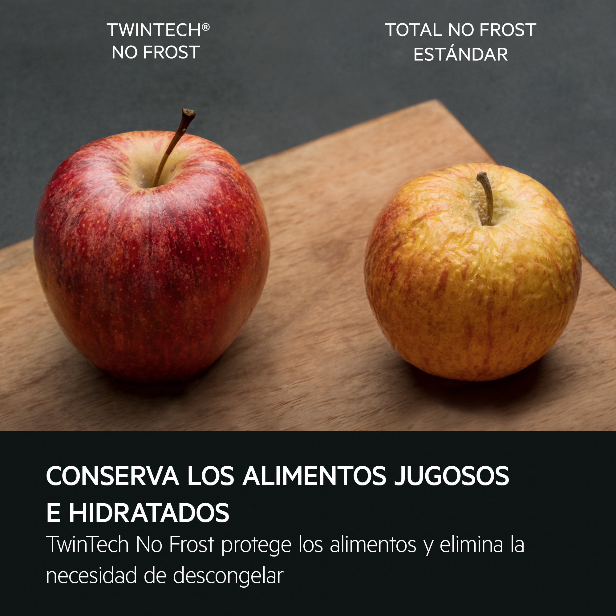 Dos manzanas en una tabla de madera. Una roja, otra amarilla. Texto: Conserva los alimentos jugosos e hidratados.